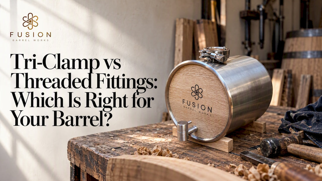 Hybrid oak barrel with visible tri-clamp fitting