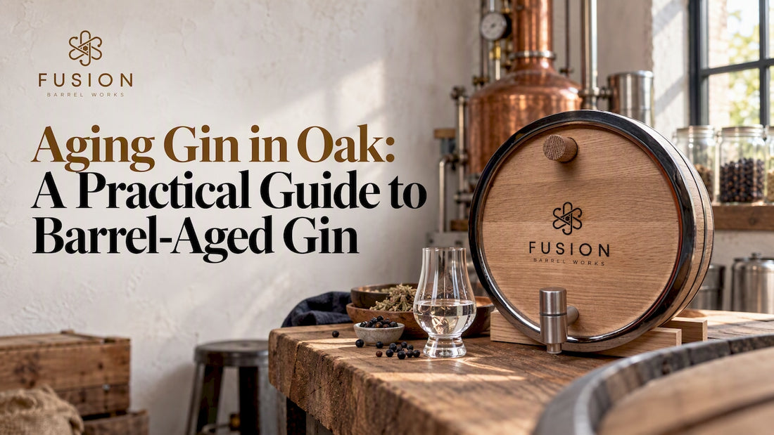 Oak barrel beside a glass of rested gin